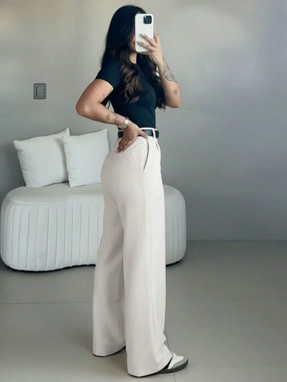 White Elegant Women's High Waist Slim Fit Wide Leg Pants